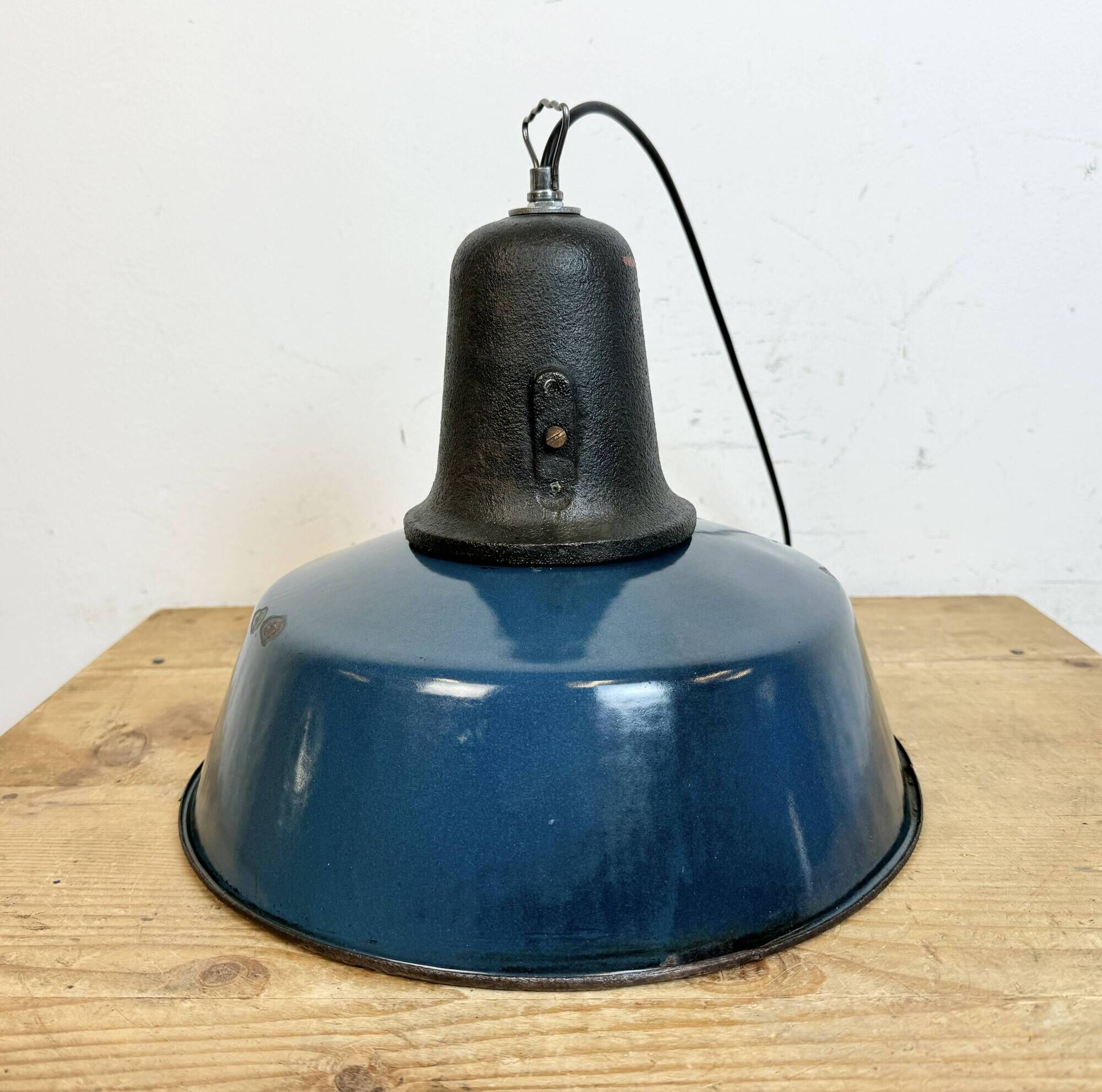 Industrial Blue Enamel Factory Lamp with Cast Iron Top, 1960s