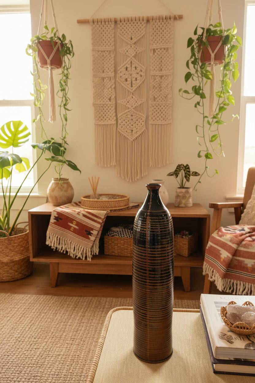 Glazed striped stoneware vase – Brown and black tones – Handmade – 1970s