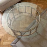 Table basse en rotin et verre fumé très épais