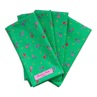 Lot de 4 serviettes vertes à fleurs upcyclées