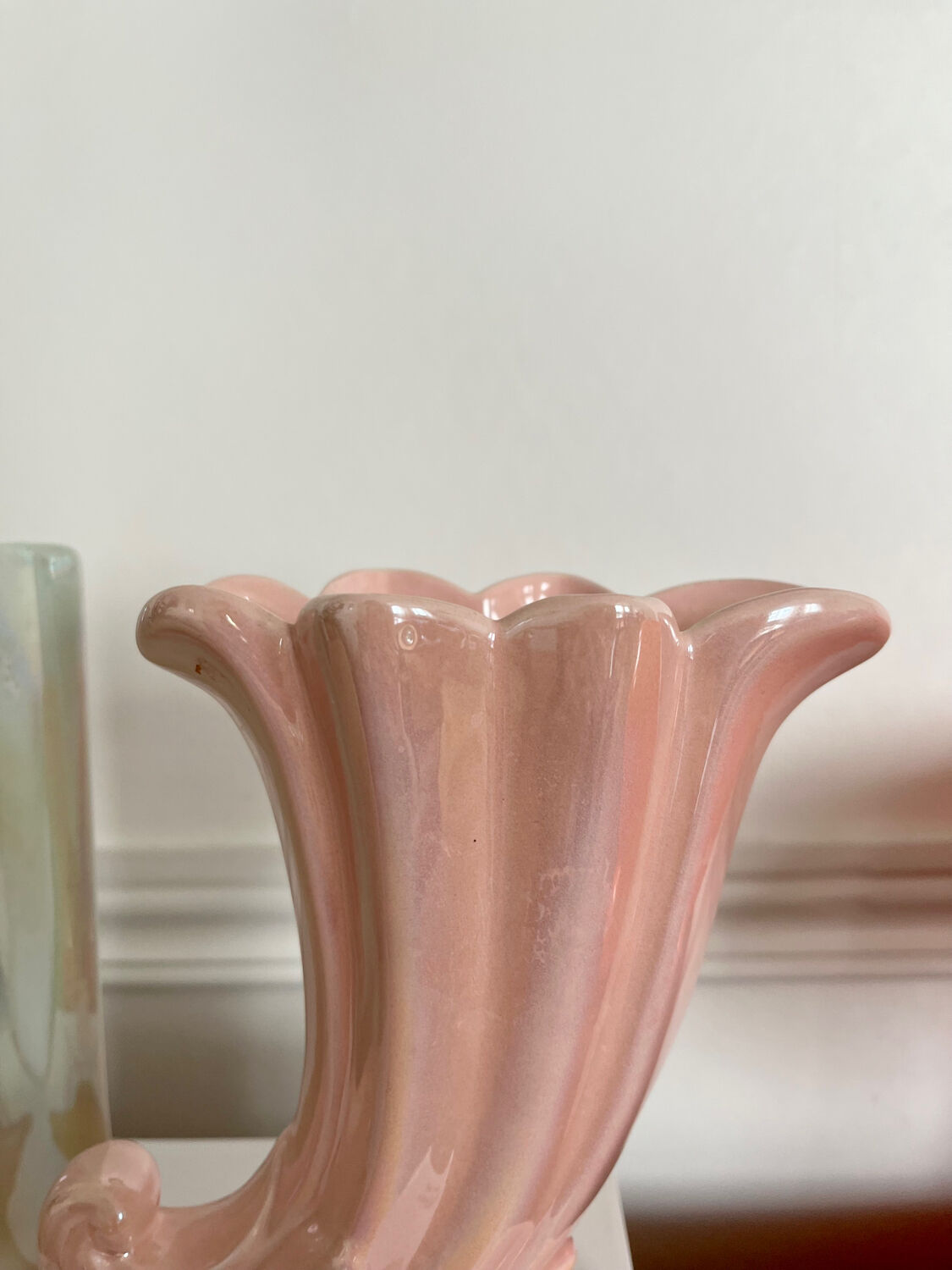 Duo of vintage iridescent ceramic vases