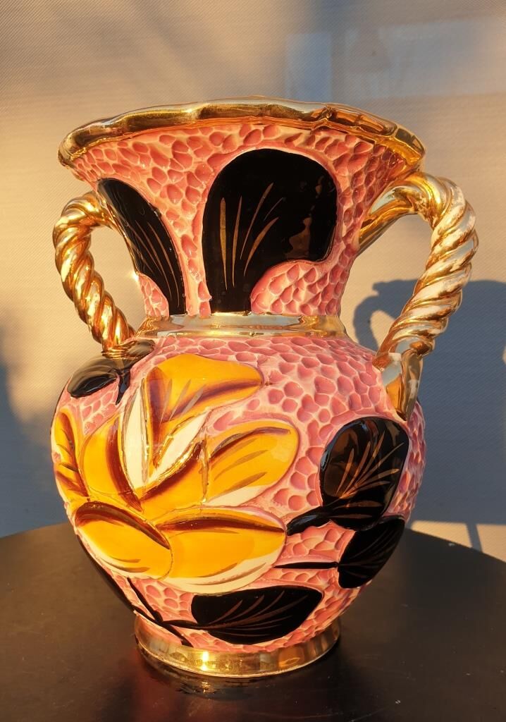 Vase Vallauris 1950 rose noir et jaune