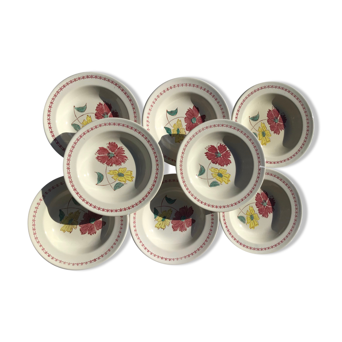 8 hollow plates burgundy and yellow flowers