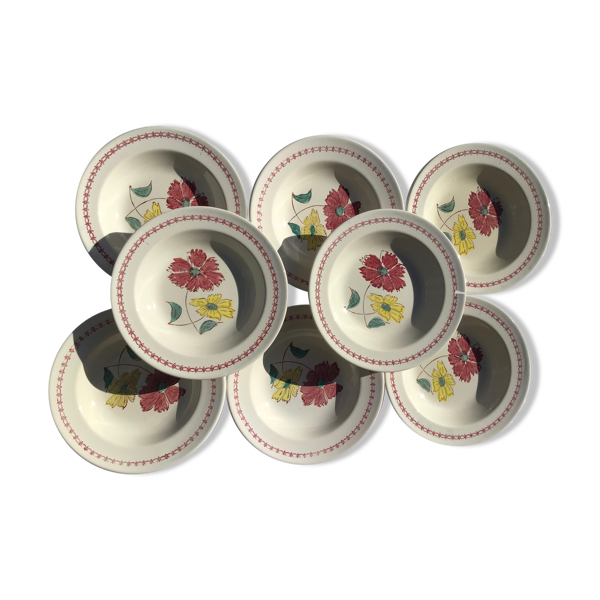 Set de 8 assiettes creuses fleurs bordeaux et jaune