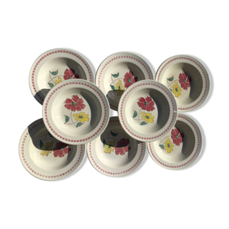 Set de 8 assiettes creuses fleurs bordeaux et jaune