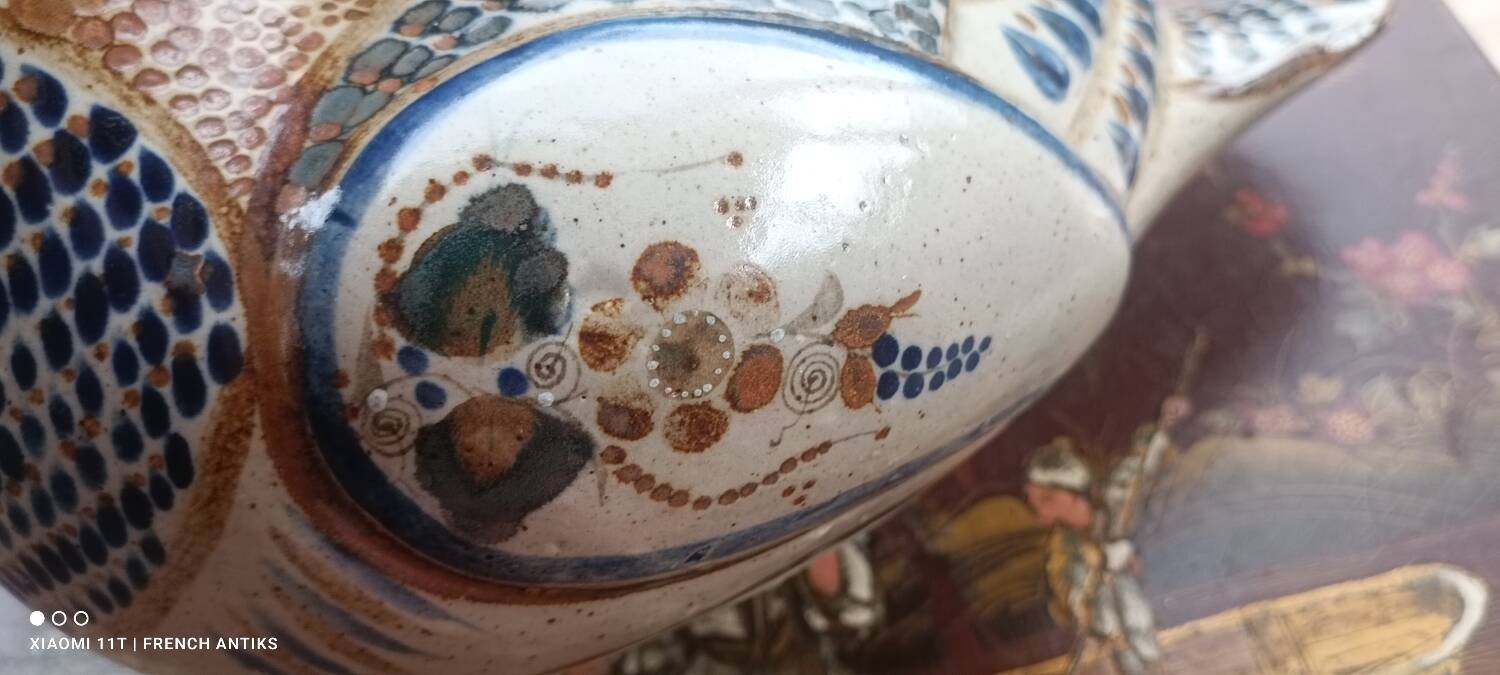 Ceramic signed duck in glazed stoneware, vintage 1960.