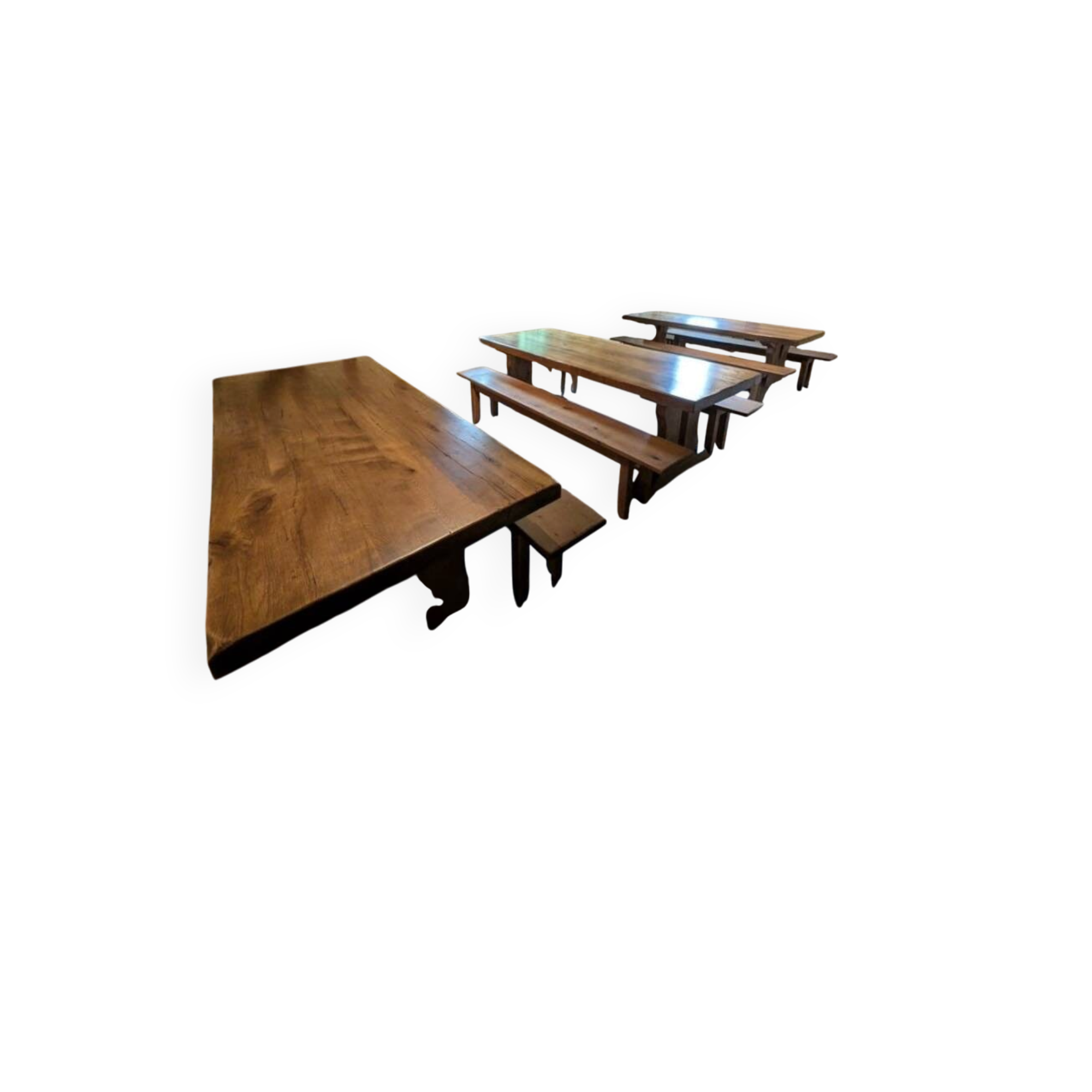 Set of 3 monastery tables in solid oak 220 cm with 6 matching benches.