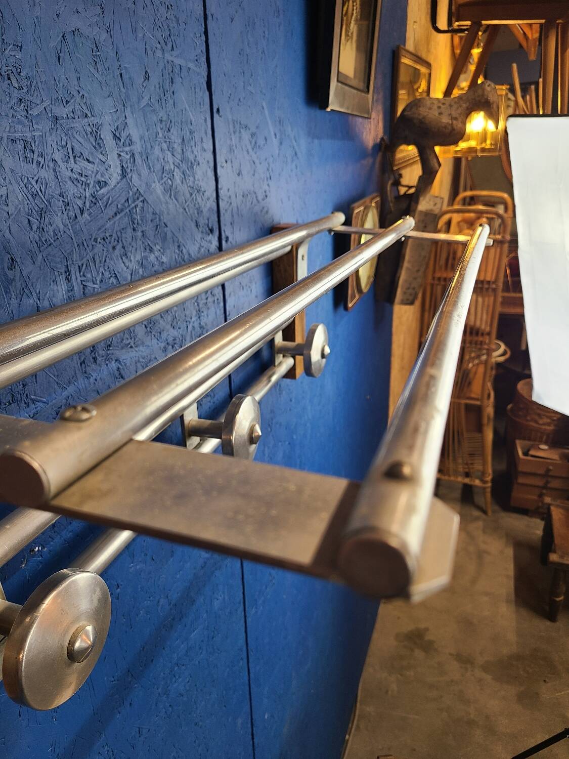 Coat rack, oak, vintage aluminum