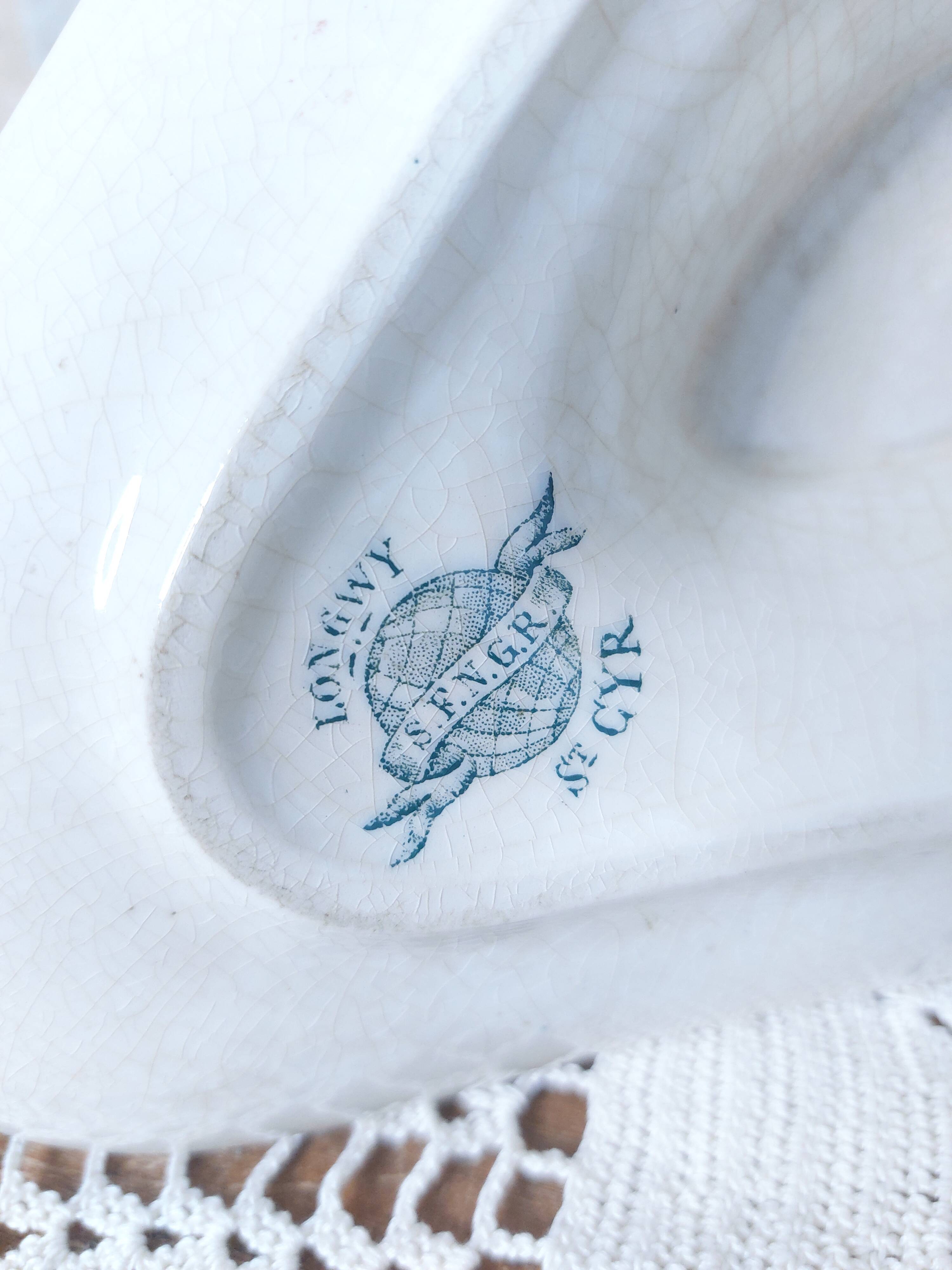 Rare and very pretty old Longwy St Cyr SFNGR sauce boat, France