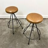 Pair of Industrial Vintage Metal Frame Bar Stools, France 1970s.