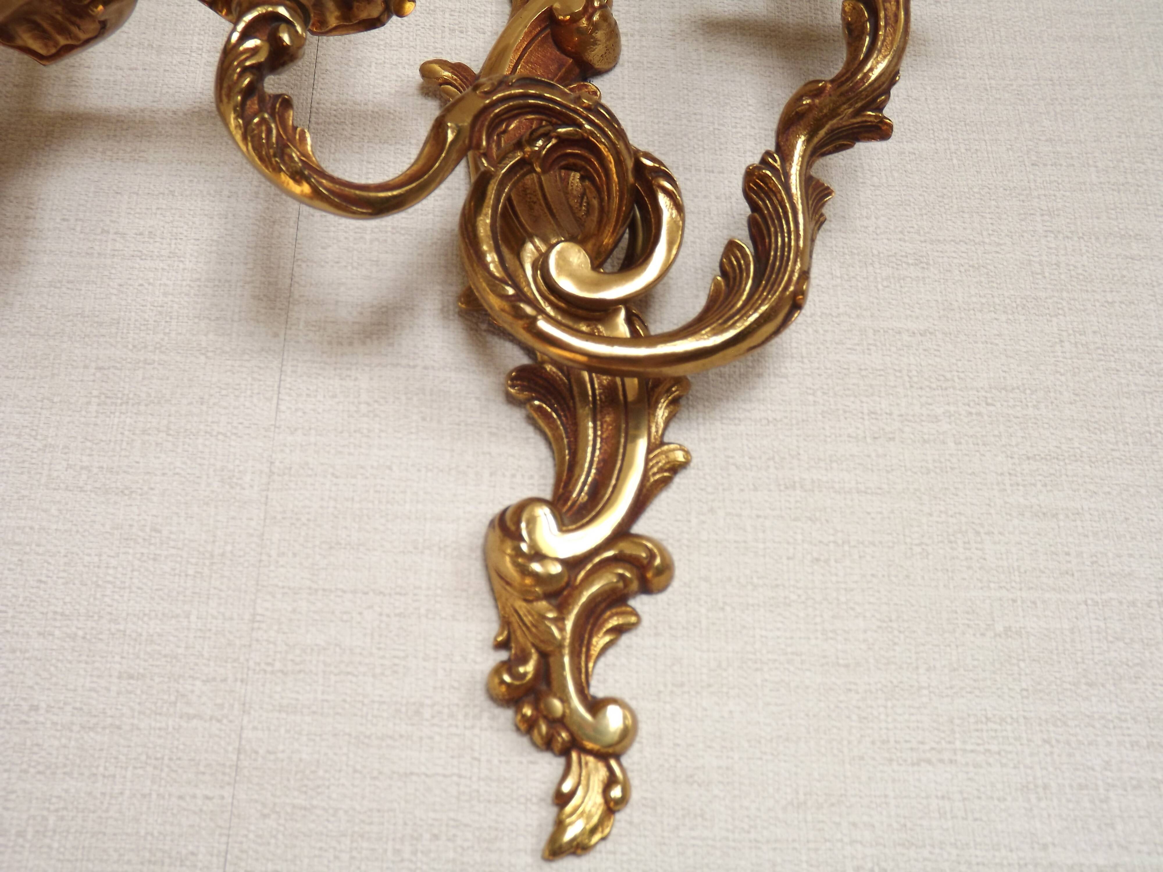 Stylish Vintage French Bronze Double Wall Sconces with Acanthus Leaf Detail