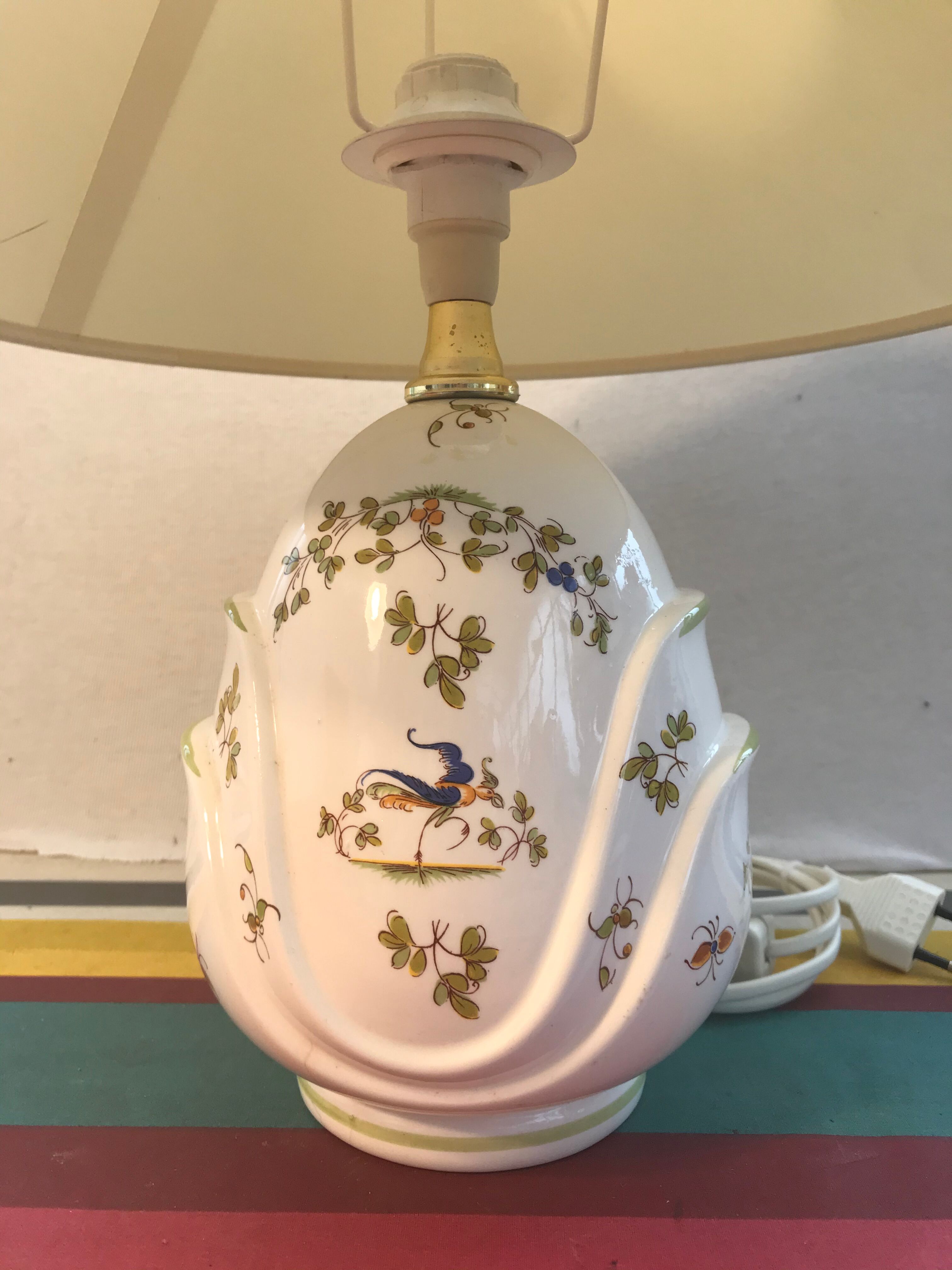 Old Moustiers ceramic lamp with white lamp shade