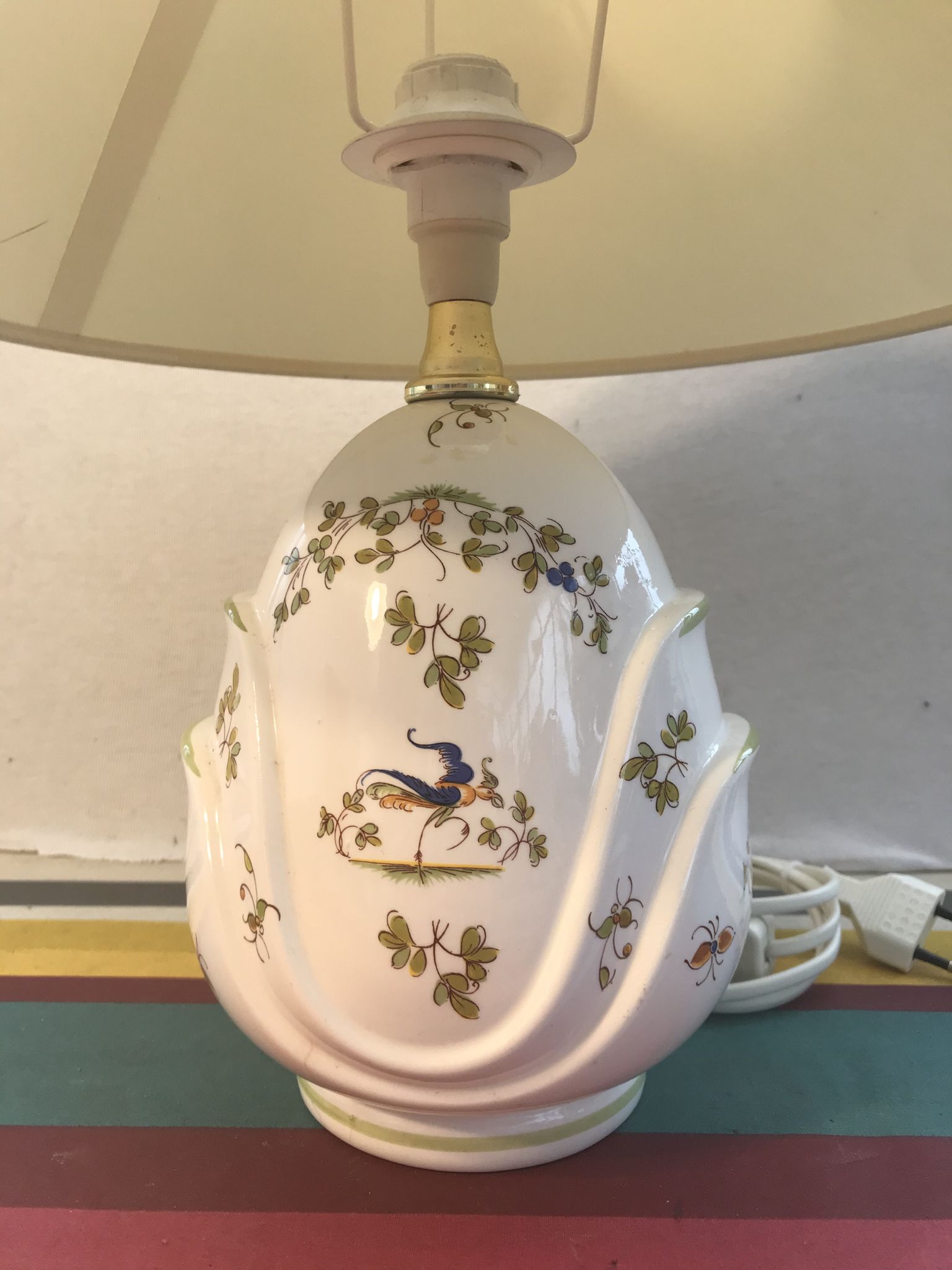 Old Moustiers ceramic lamp with white lamp shade