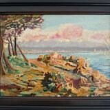 Huile sur carton représentant une côte rocheuse par M. Garrec XXe