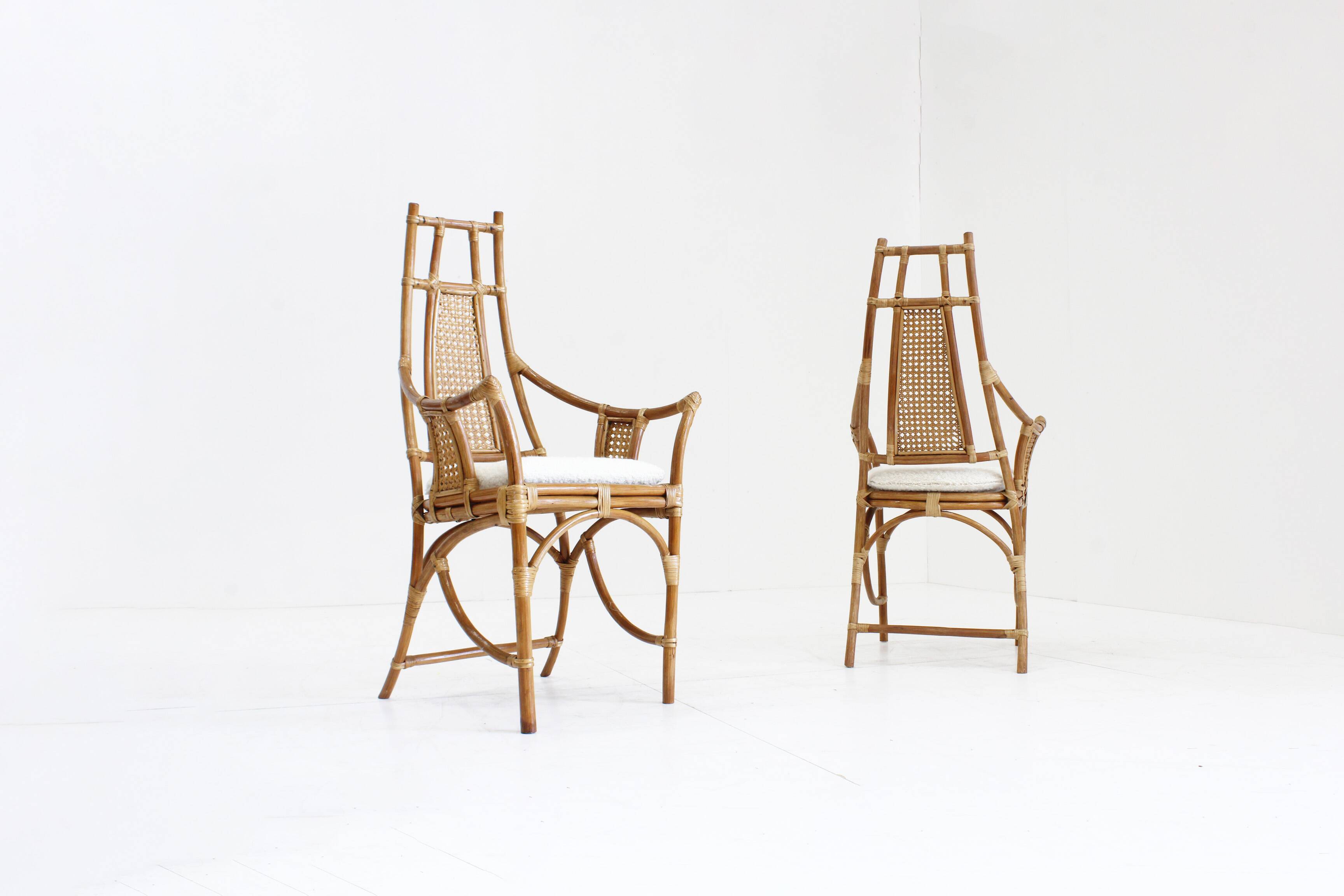 Vintage Bamboo and Rattan Armchairs with Bouclé Cushions, 1970s , set of 2