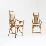Vintage Bamboo and Rattan Armchairs with Bouclé Cushions, 1970s , set of 2