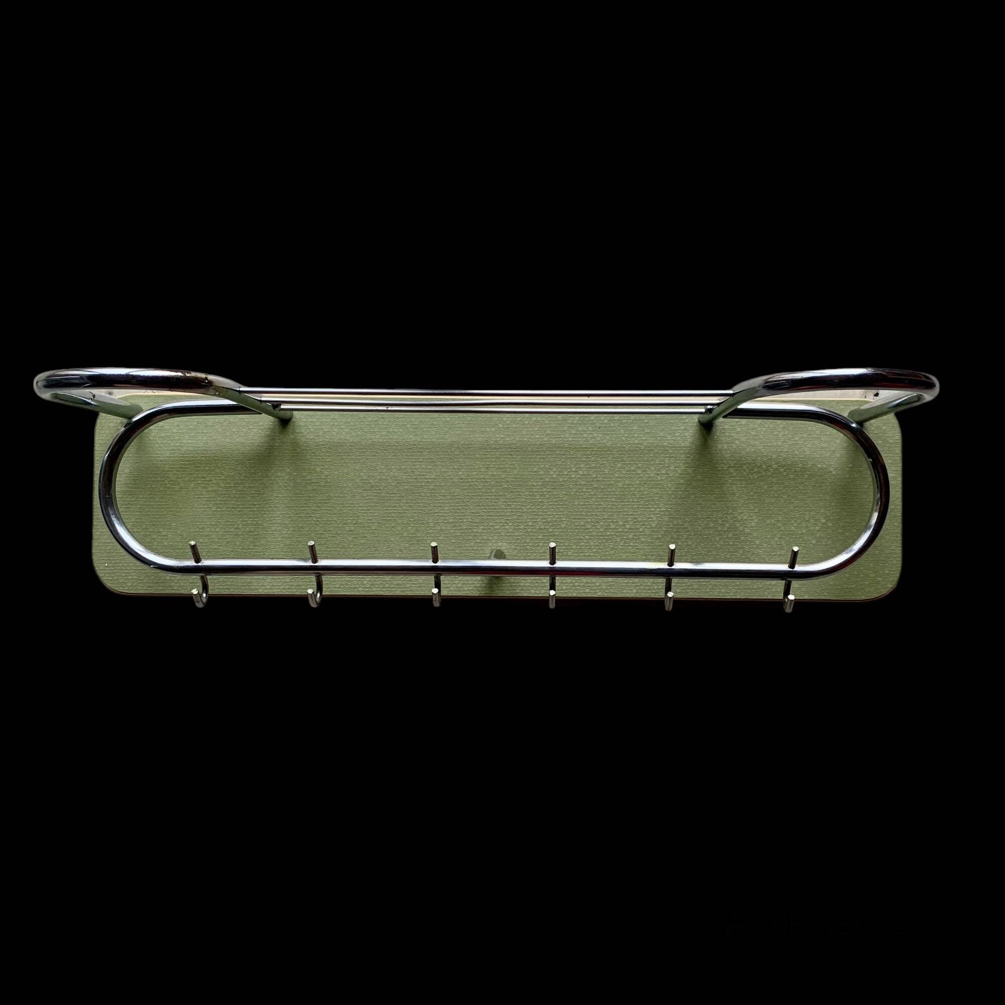 Large vintage wall-mounted coat rack in green Formica and chrome metal