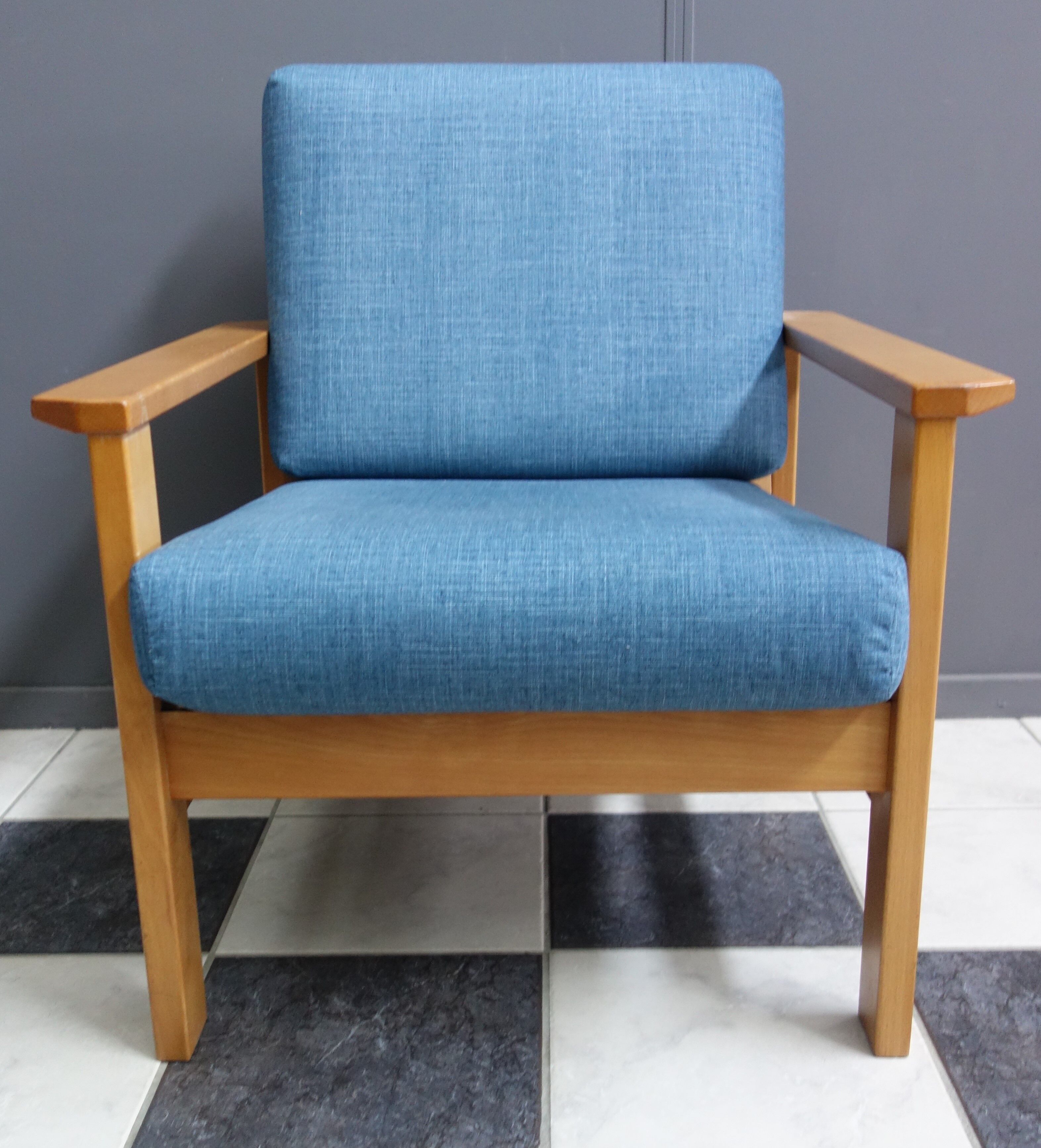 Blue fabric easy chair  in blonde wood frame 1960s