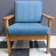 Blue fabric easy chair  in blonde wood frame 1960s