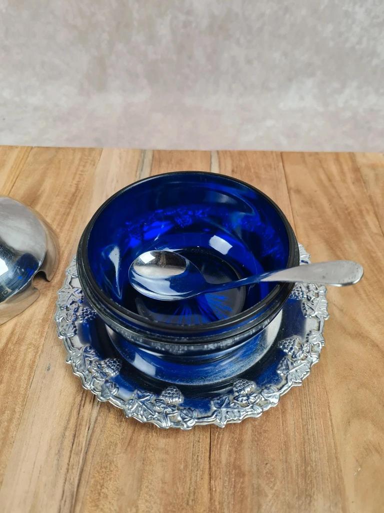 Vintage cobalt sugar bowl & chrome metal – pear shape