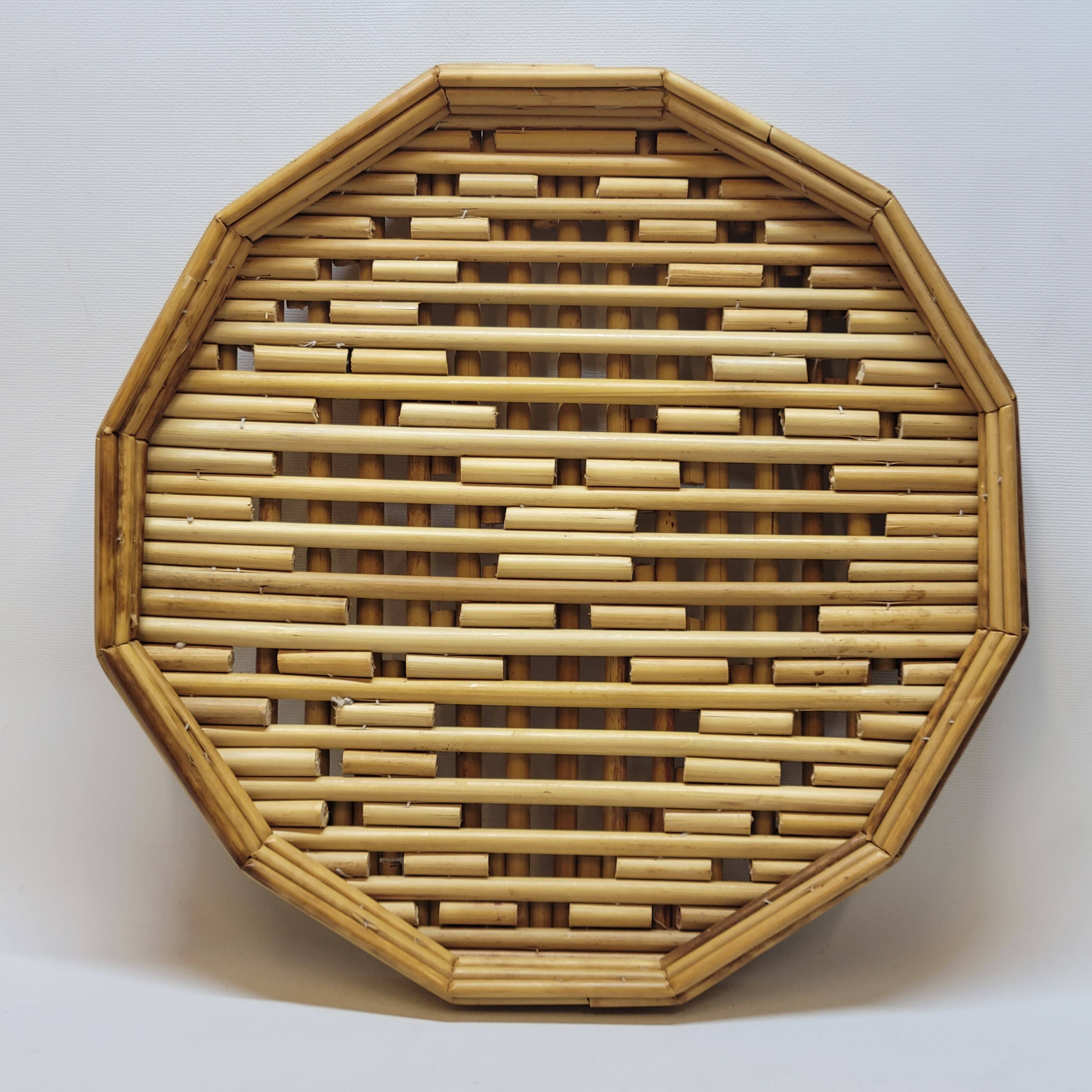 Rattan straw bamboo serving tray French vintage 70s