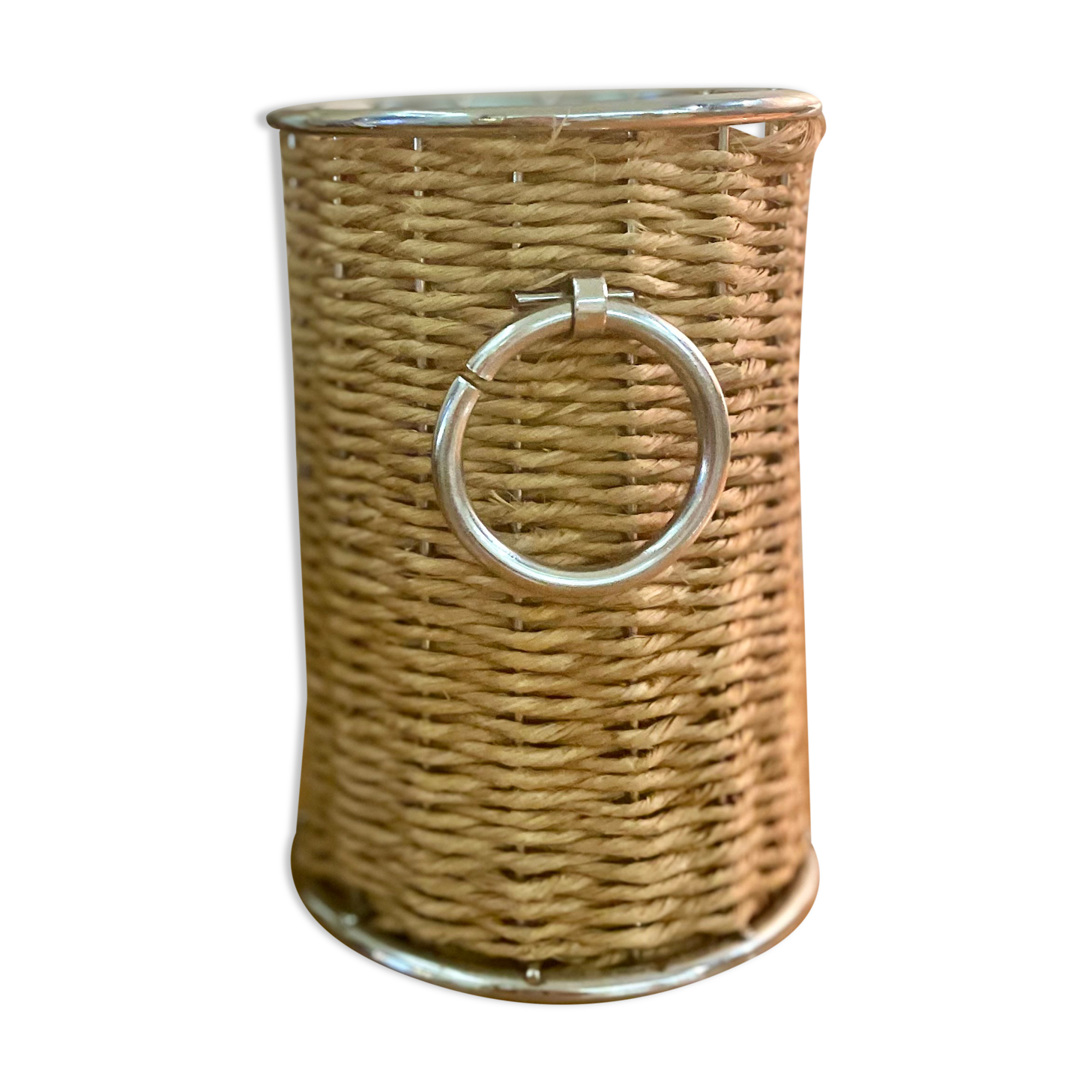 Range bottle in rattan and vintage metal