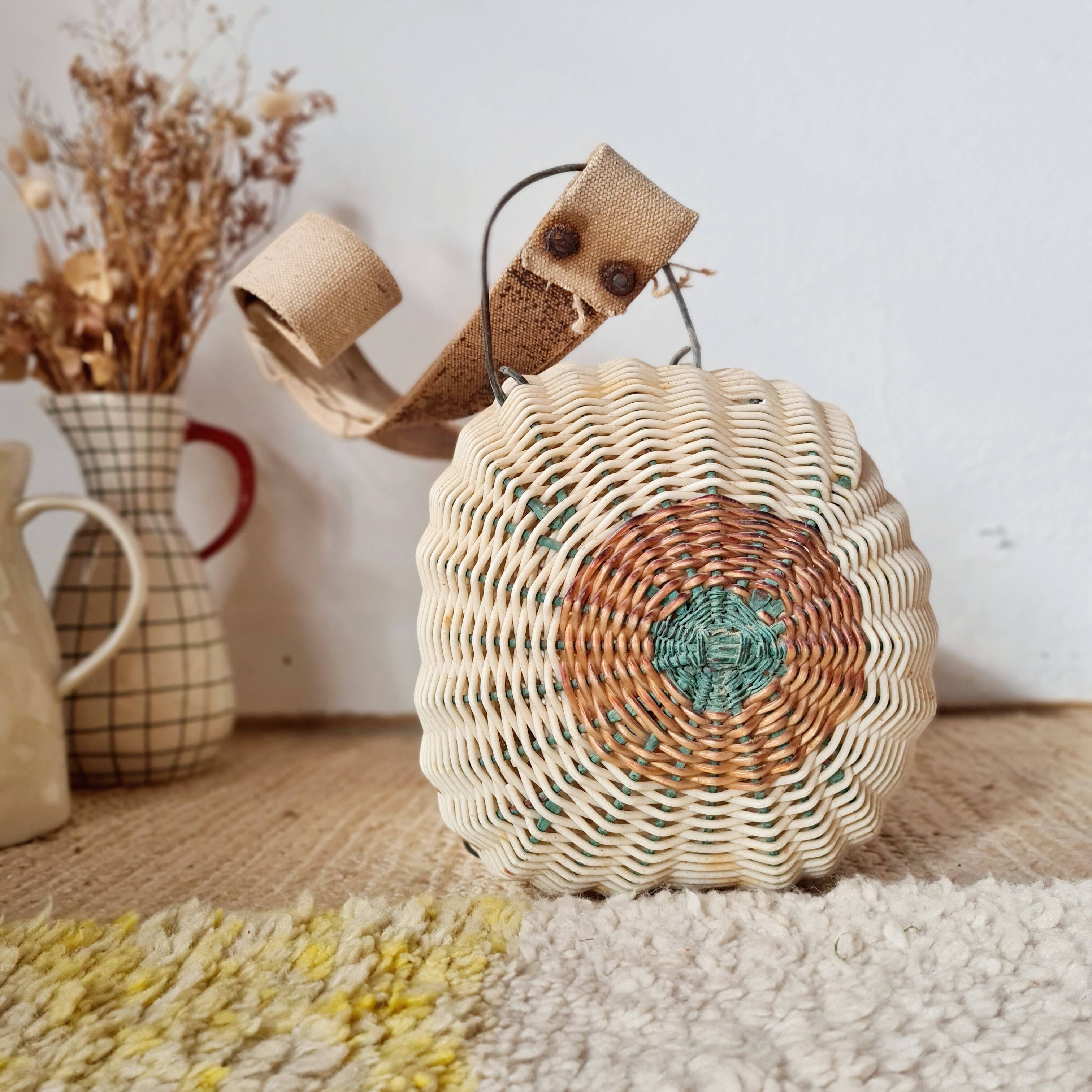 Panier ancien, besace en osier tressé - art populaire