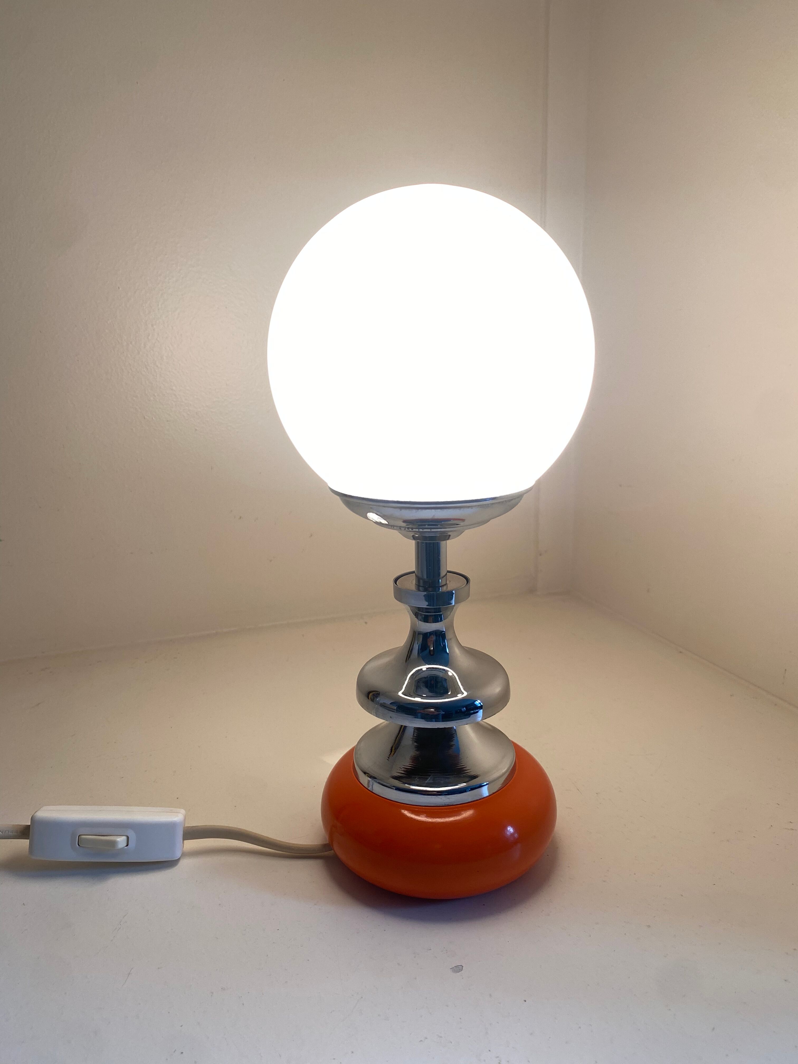 Vintage lamp opaline globe, wood turned orange and chrome 60s 70s