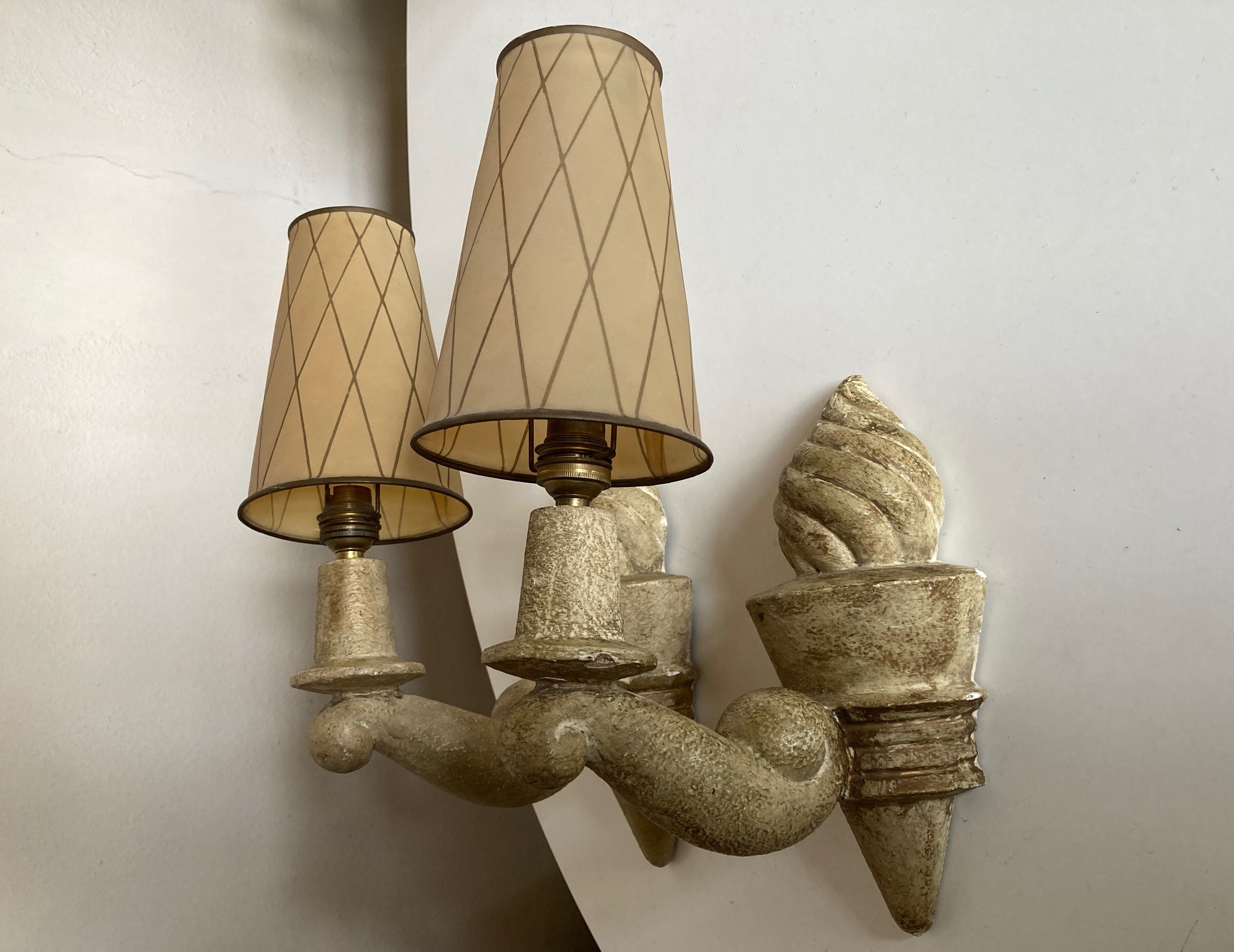 Pair of Arlus torchlight wall light in art deco plaster 1950
