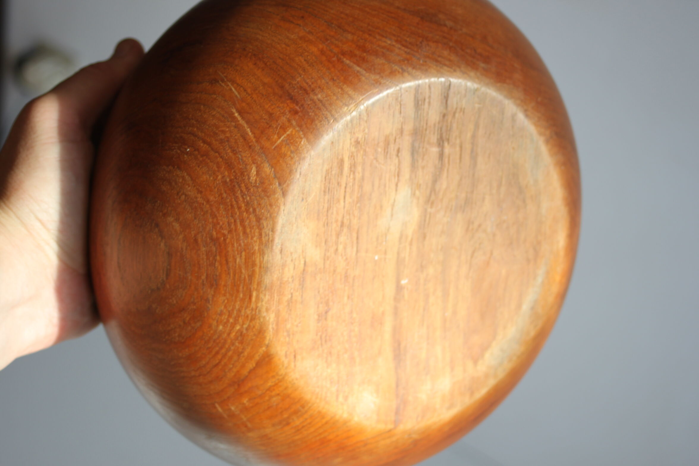 Teak wooden salad bowl and serving spoons, 1970s