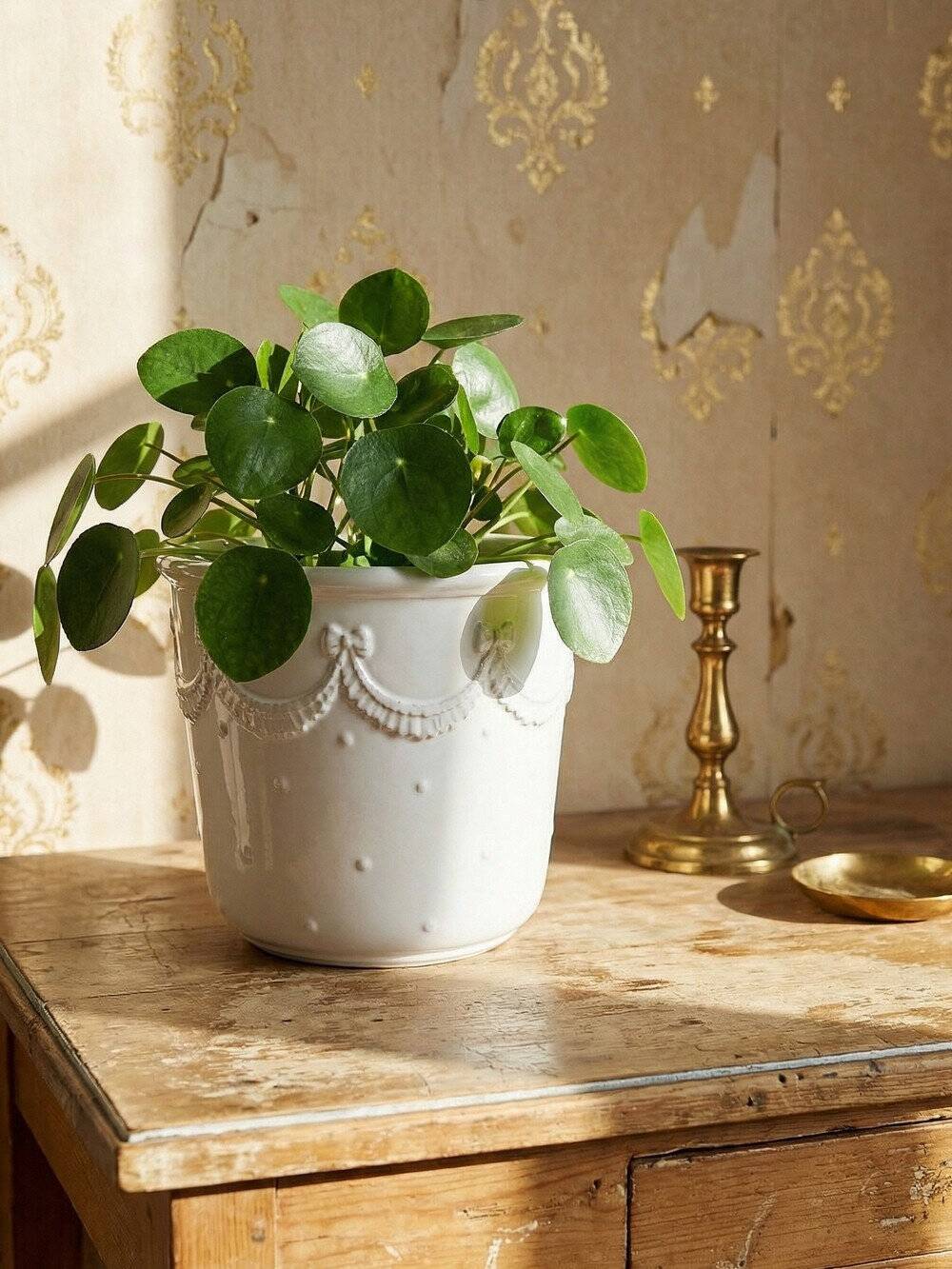 Decorative cache-pot in white faience, vintage shabby chic from Bassano, Italy.