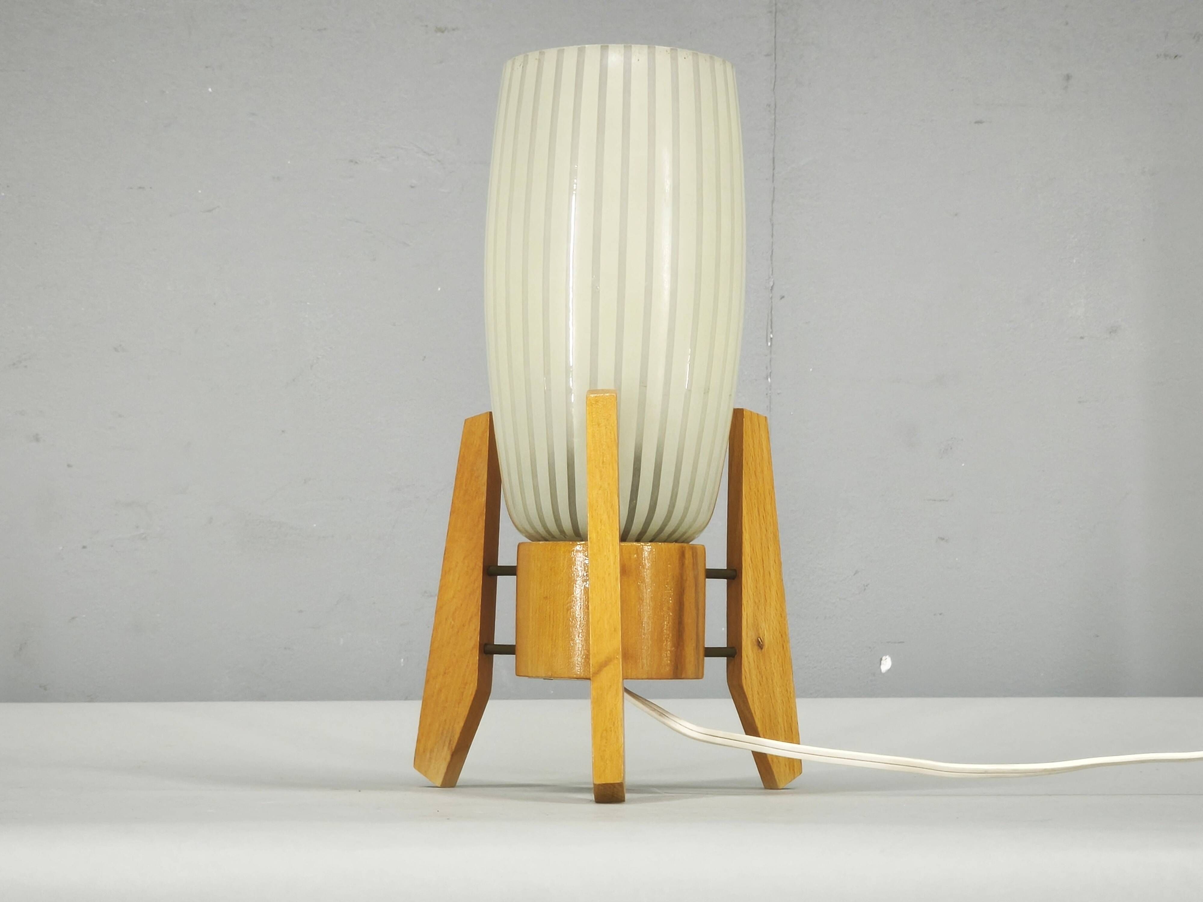 1970s Czech Mid-Century Glass and Wood Tripod Table Lamp by Dřevo Humpolec