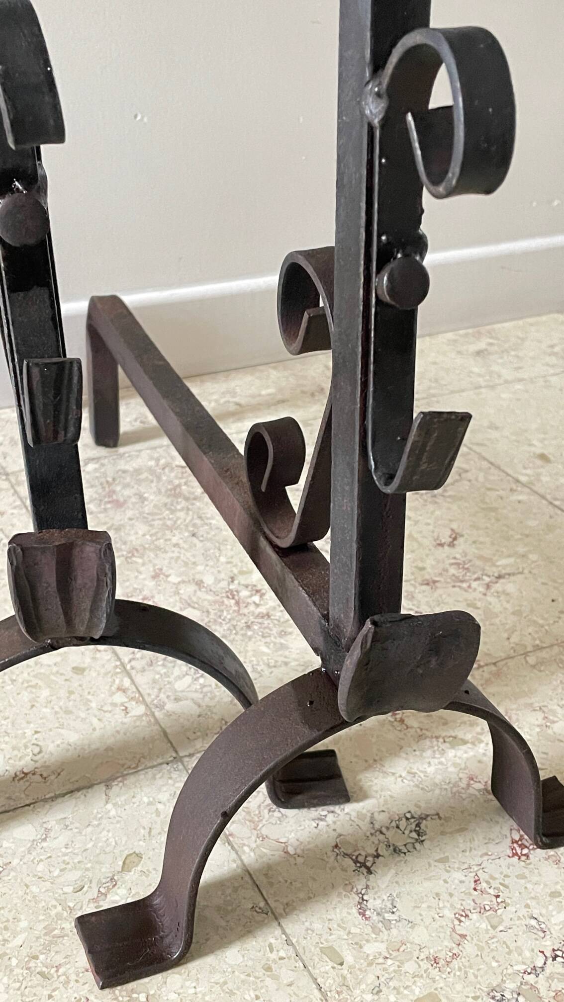 Pair of vintage steel brutalist andirons
