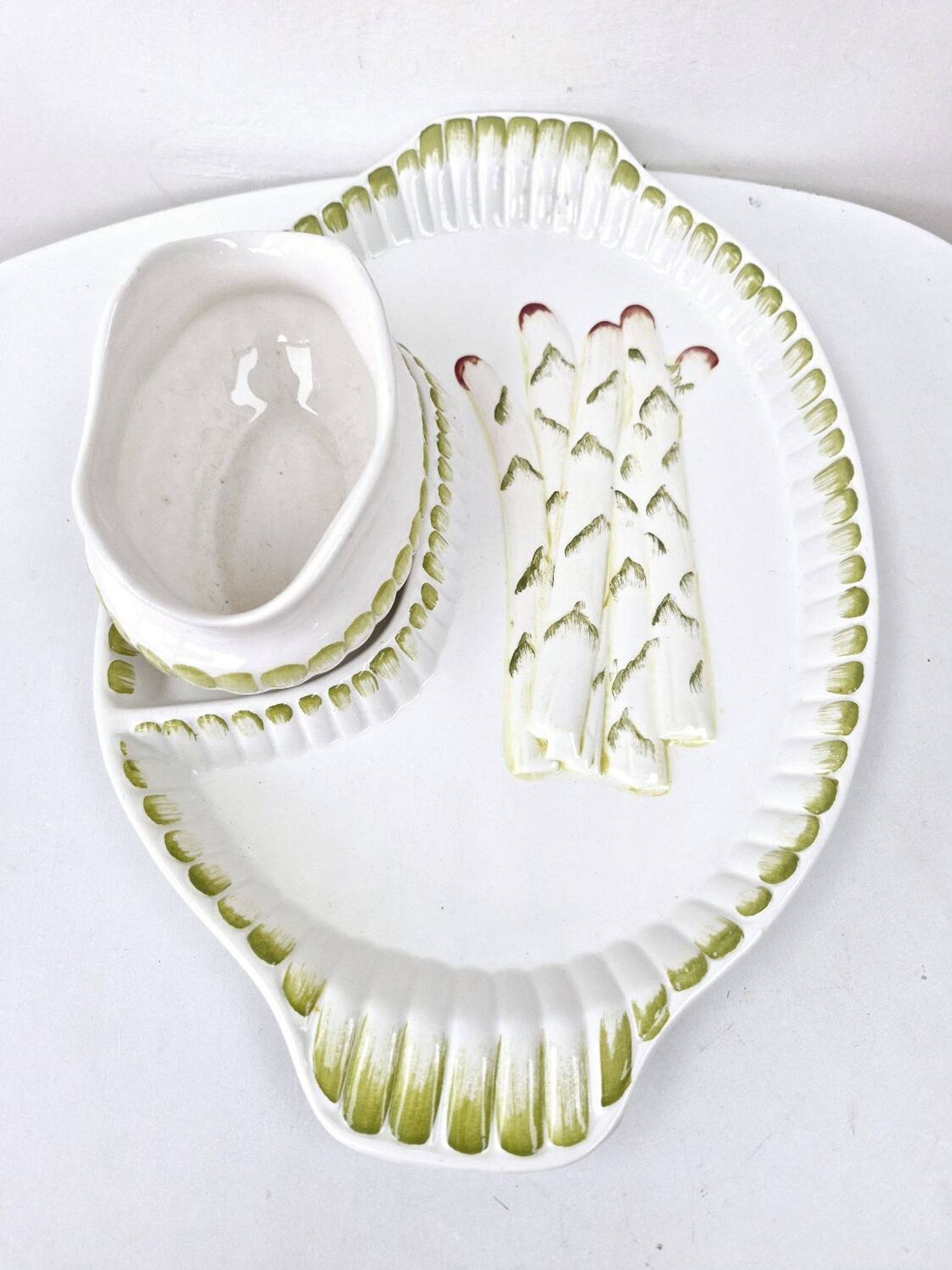 Large Asparagus Dish With Vintage Ceramic Barbotine Saucepan