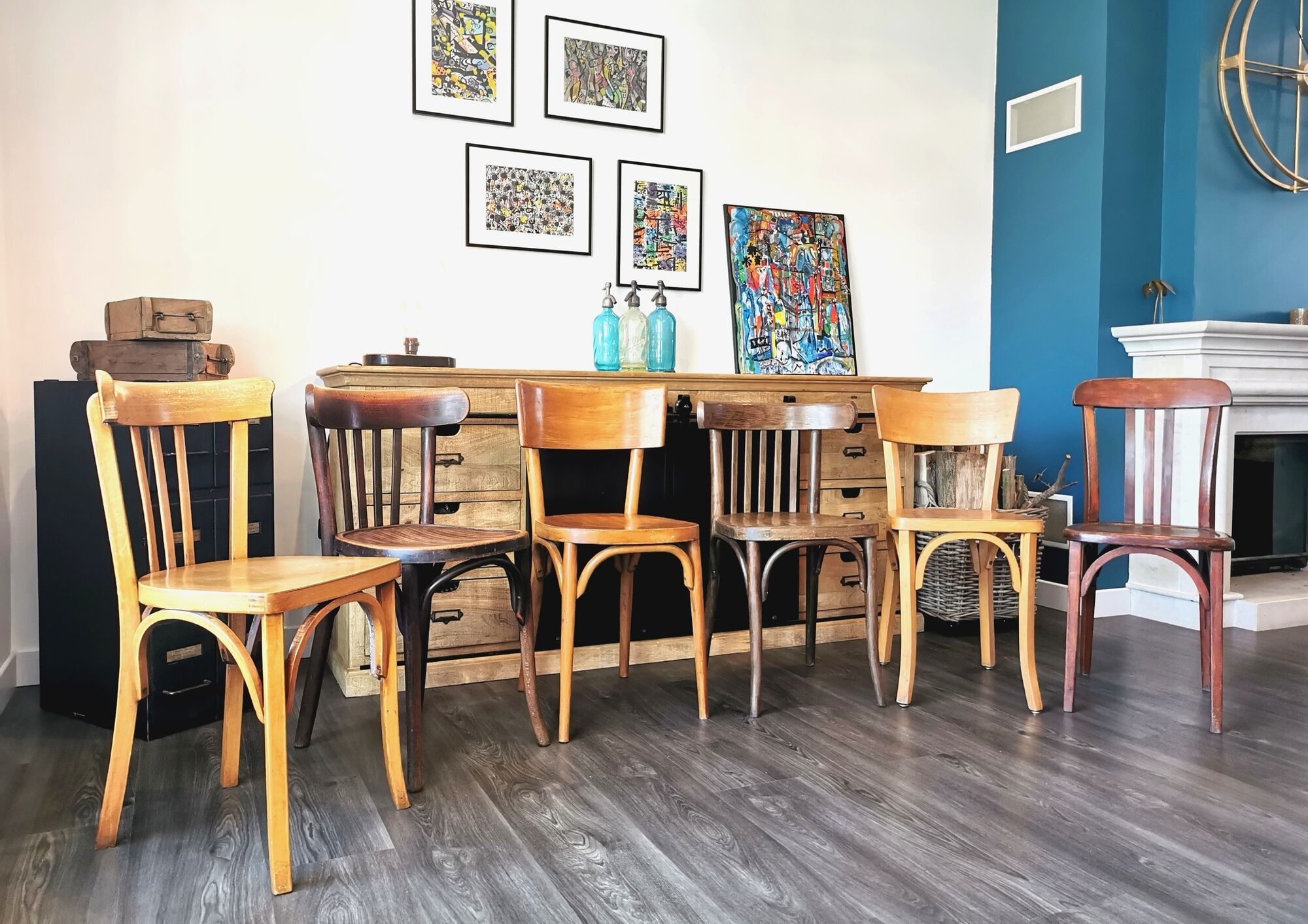 Baumann Stella and Luterma series of 6 mismatched bistro chairs