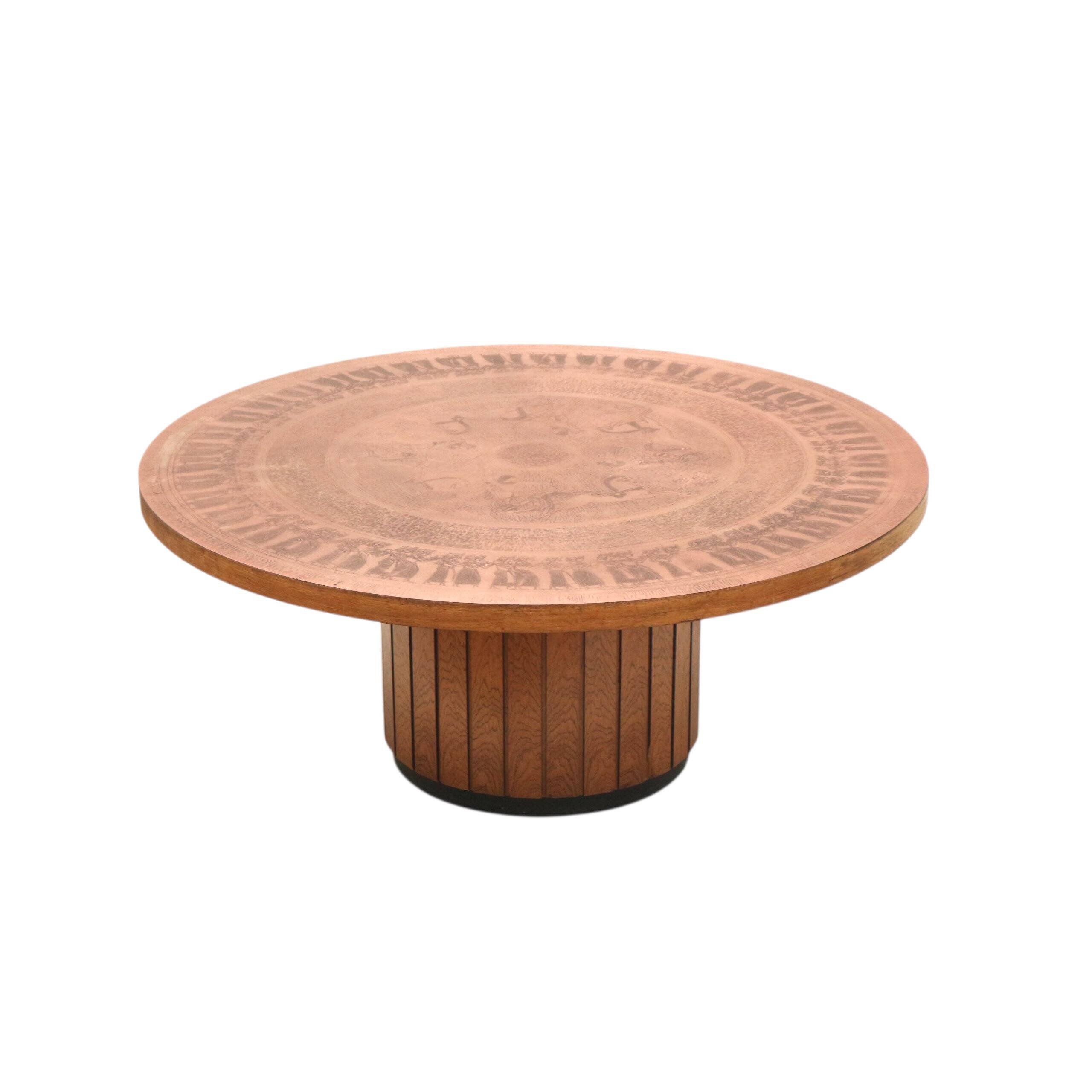 Round vintage brutalist coffee table by VAD Trævarefabrik with copper top