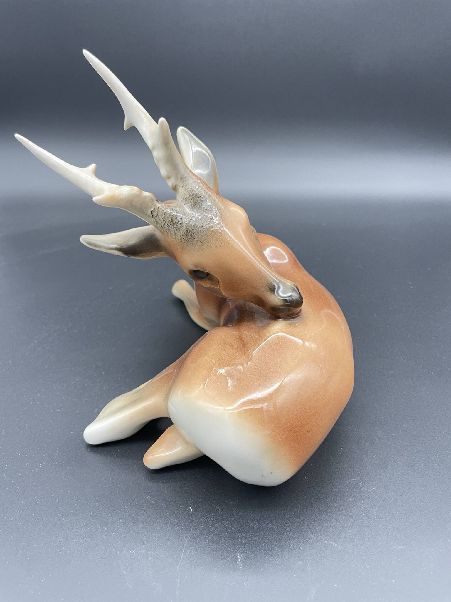 Royal Dux porcelain lying deer – Vintage Bohemian sculpture, model