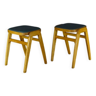 2 mid-century stools with compass legs, circa 1950, green skai and blond beech