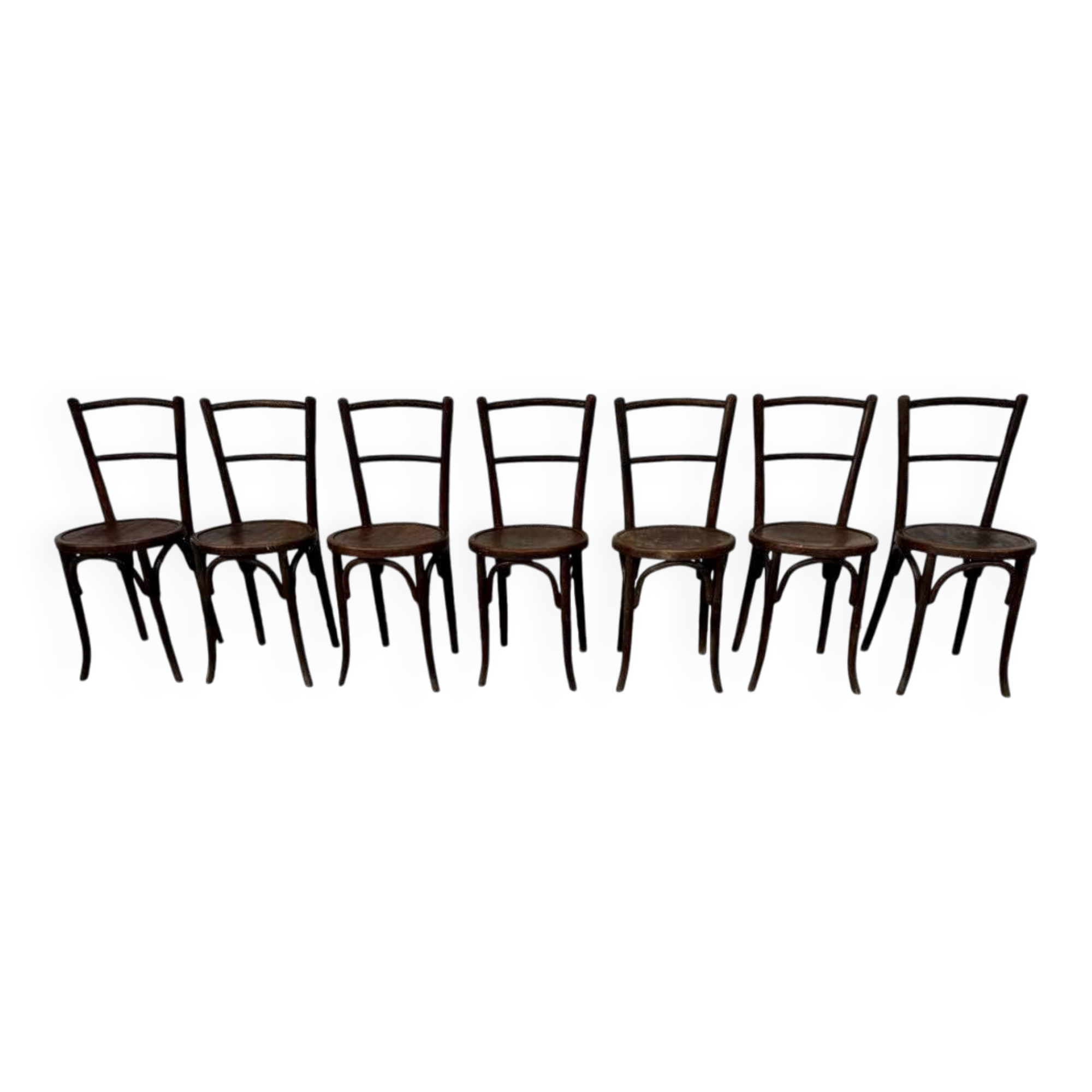 Set of 7 old Baumann bistro chairs in curved wood with round seat