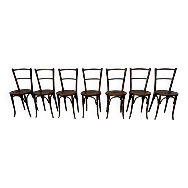 Série de 7 anciennes chaises bistrot Baumann bois courbé assise ronde