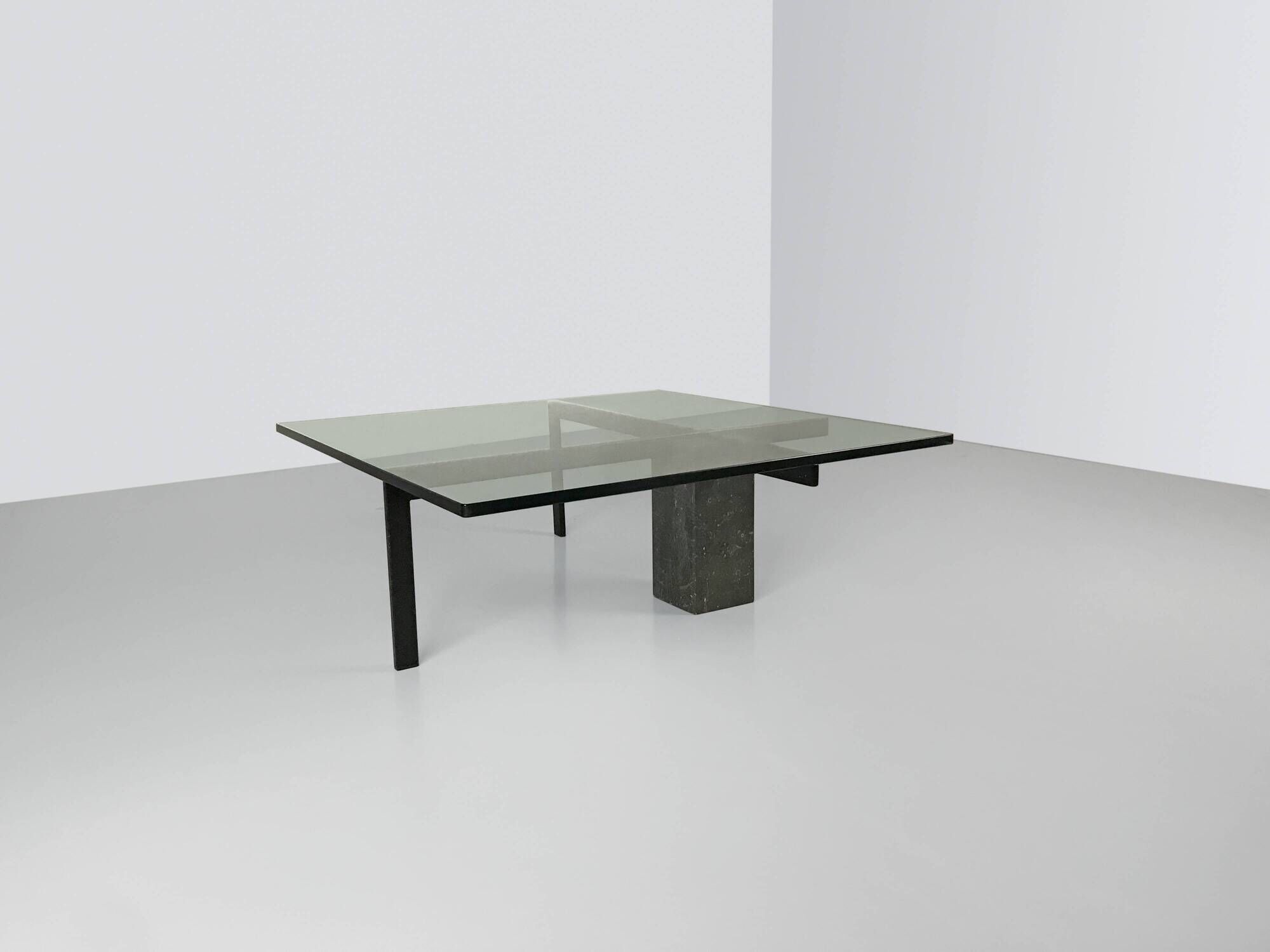 KW-1 glass and travertine coffee table by Hank Kwint for Metaform 1980s