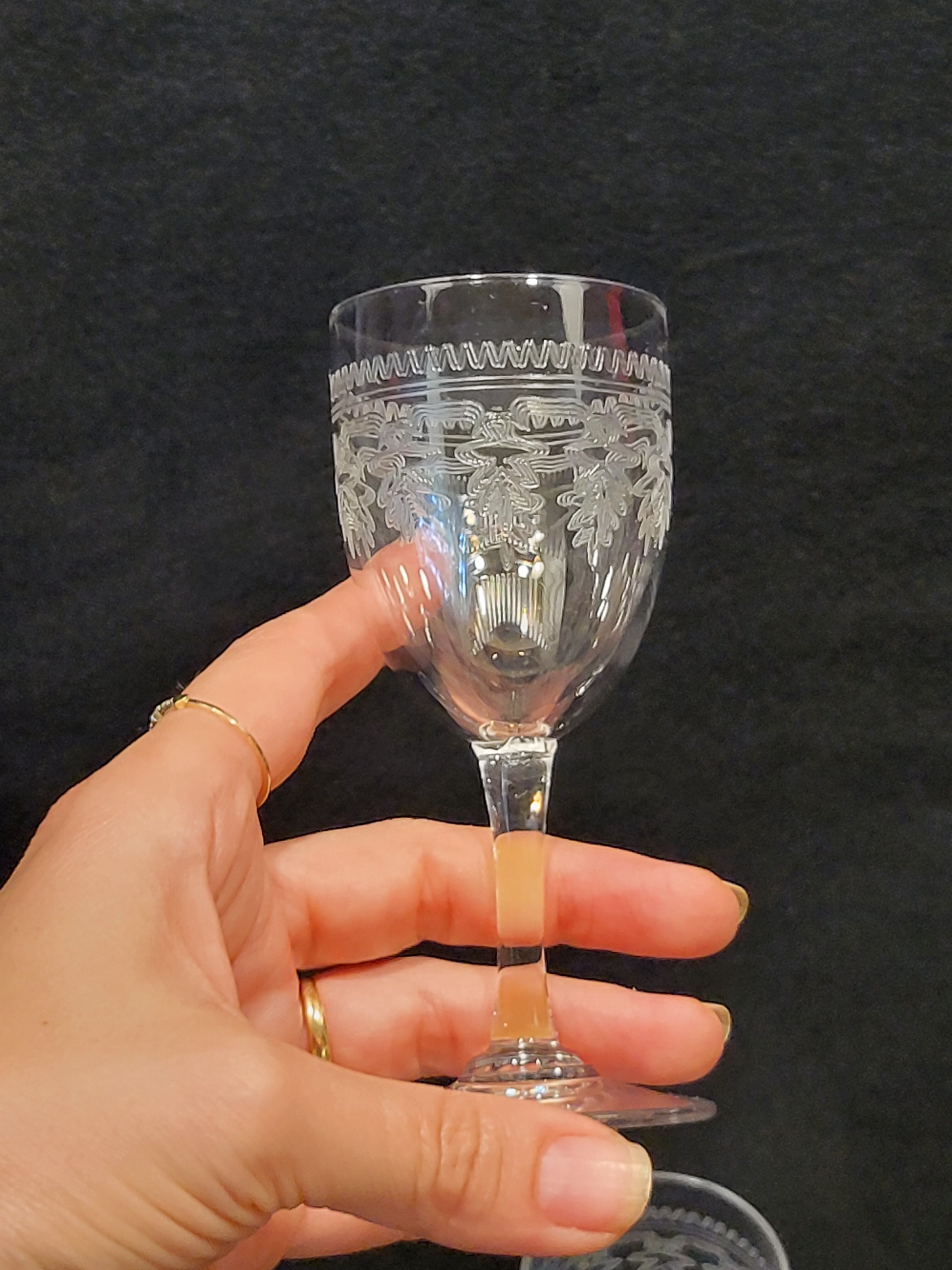 6 old Port stemmed glasses in engraved baccarat crystal