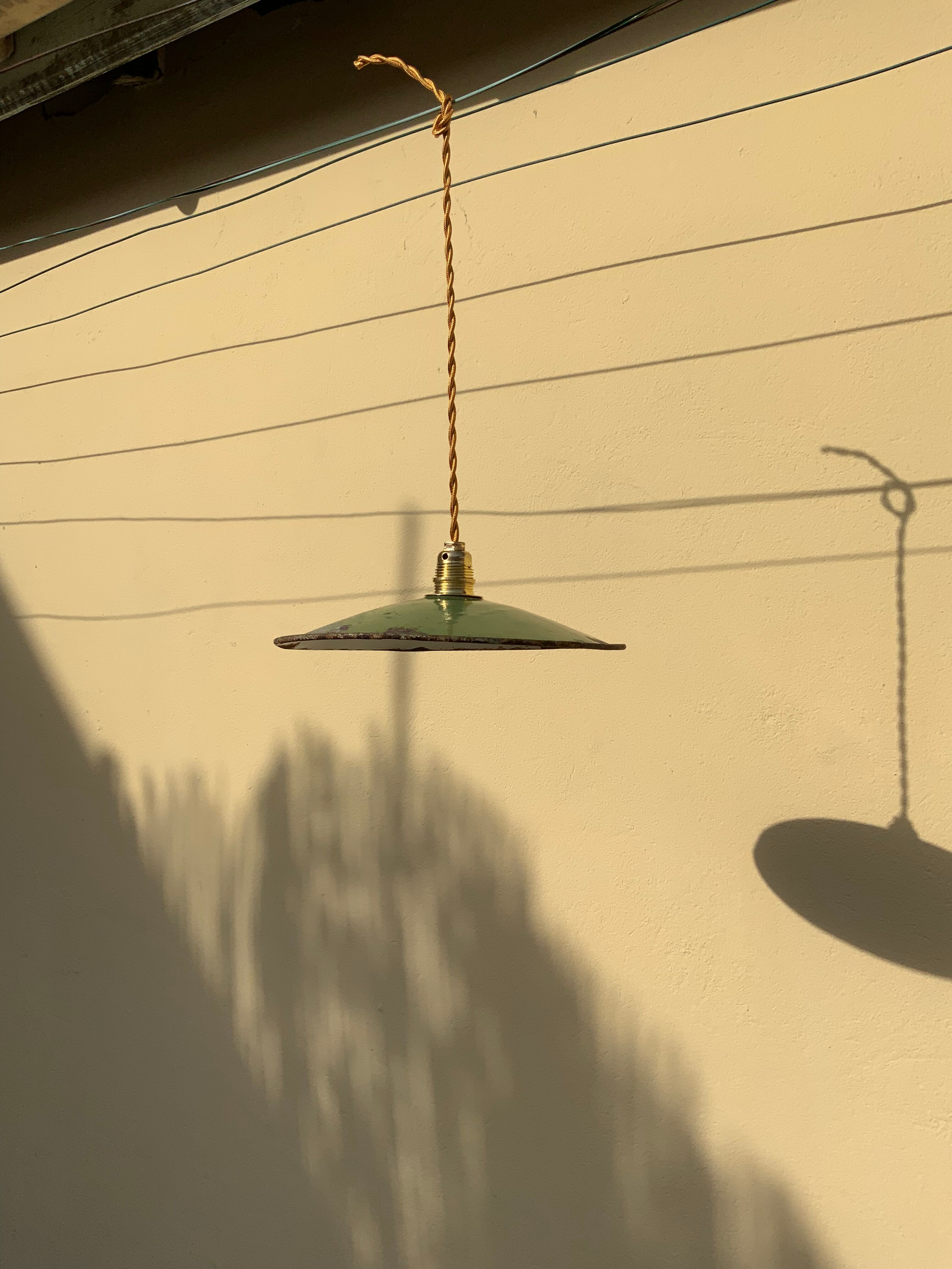 Vintage suspension green enamelled sheet white