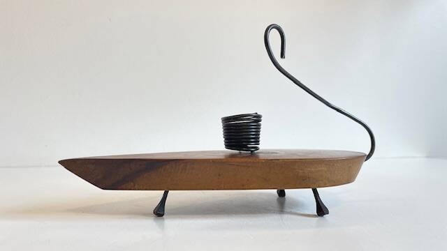 Brutalist olive wood candle holder vintage