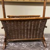 Wicker and brown wood magazine rack