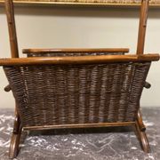 Wicker and brown wood magazine rack