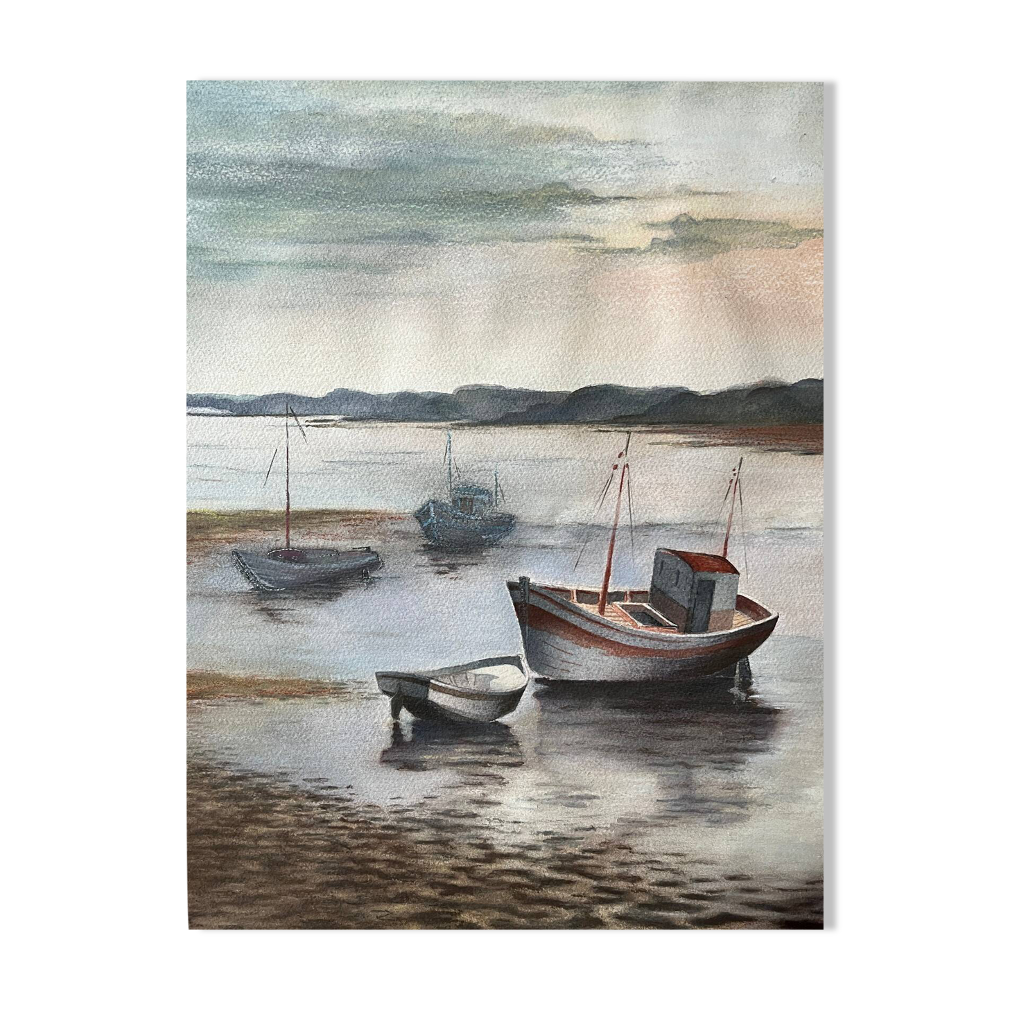 Large Watercolour Seascape (Saint Gilles?) Brittany Low Tide
