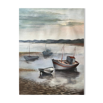 Large Watercolour Seascape (Saint Gilles?) Brittany Low Tide