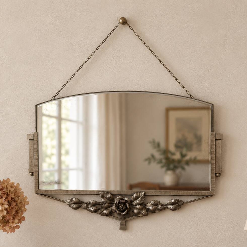 Antique Art Deco metal mirror with rose decoration – vintage wall mirror ann