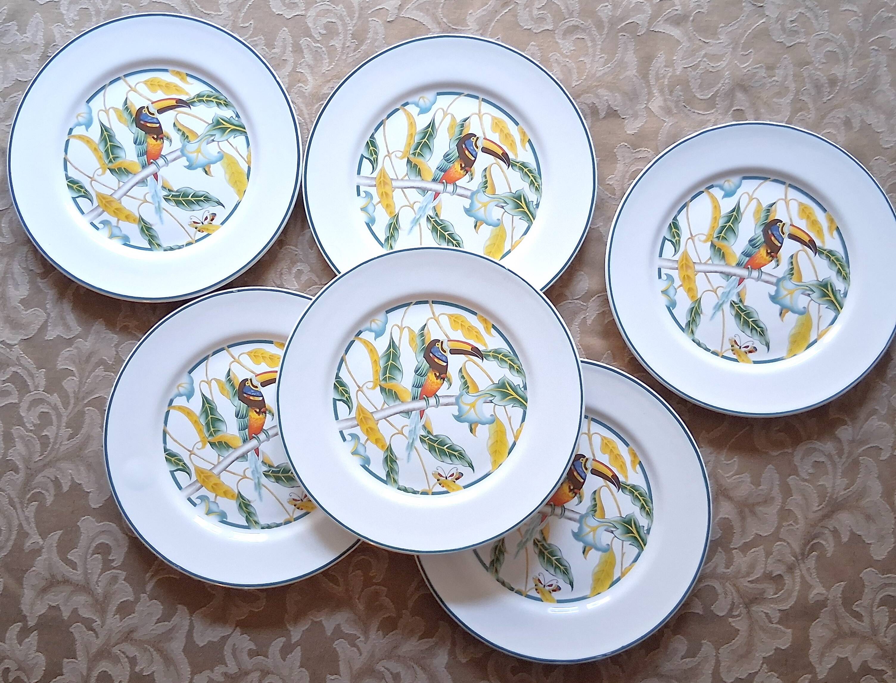 6 antique dessert plates with Toucan decor